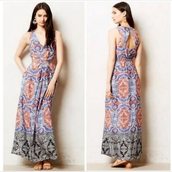 Anthropologie Dresses & Skirts - Anthropologie Maeve Medallion Maxi Dress Sz 4 Damask Silk Sleeveless Multi Blue
